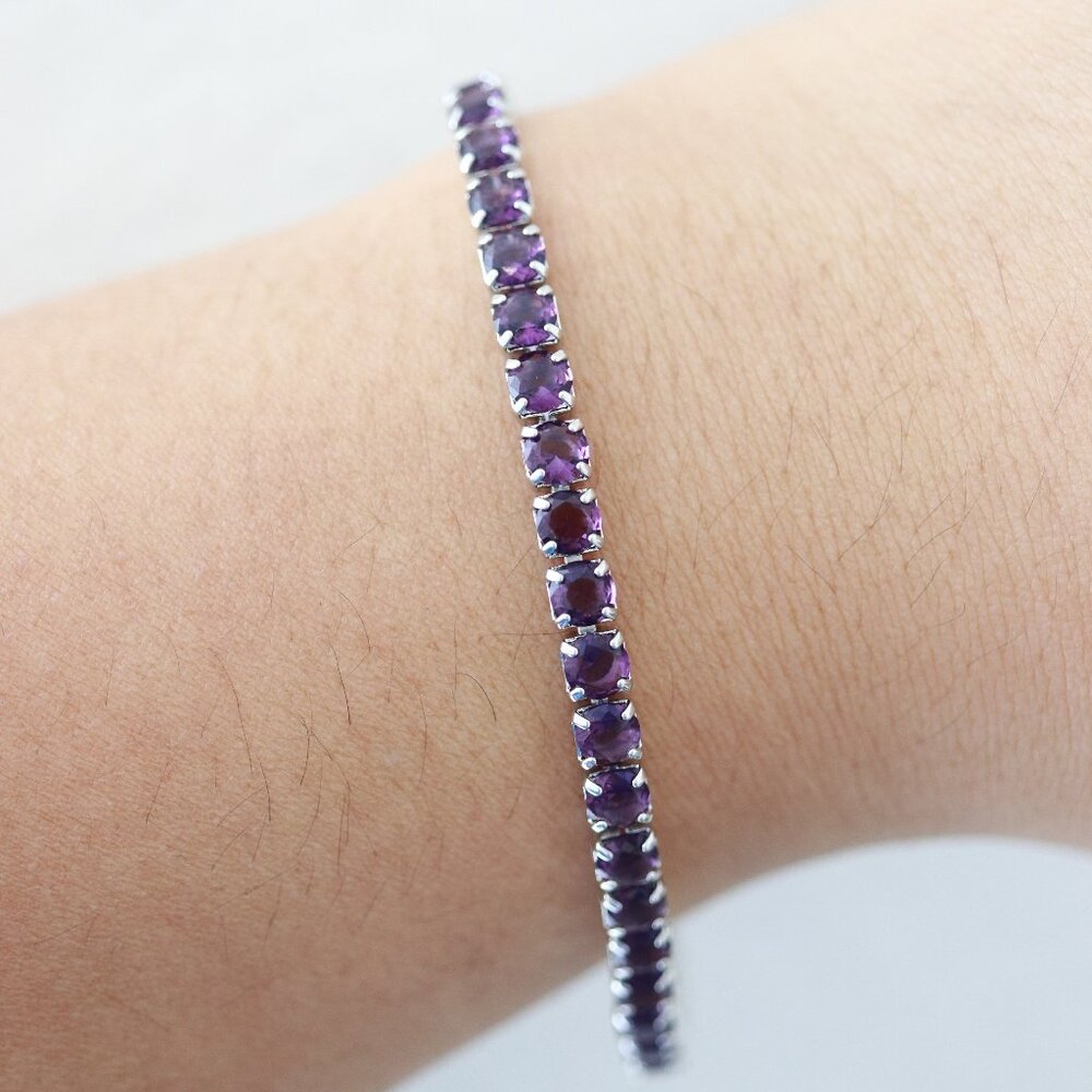 Purple Round Cut CZ Diamond Tennis Style Bracelet Silver